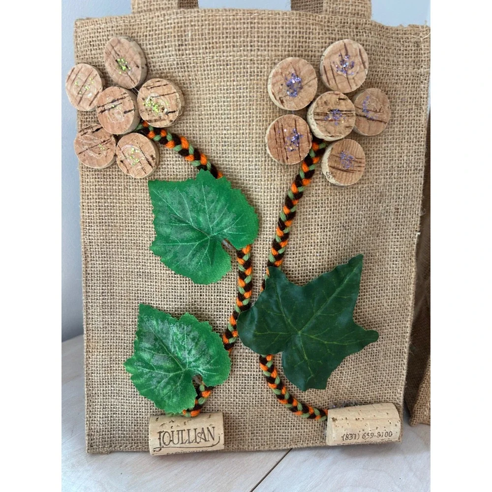 Joullian‎ Vineyards Burlap Wine Gift Bags Set Cork Flower Decor Rustic Jute 2pc